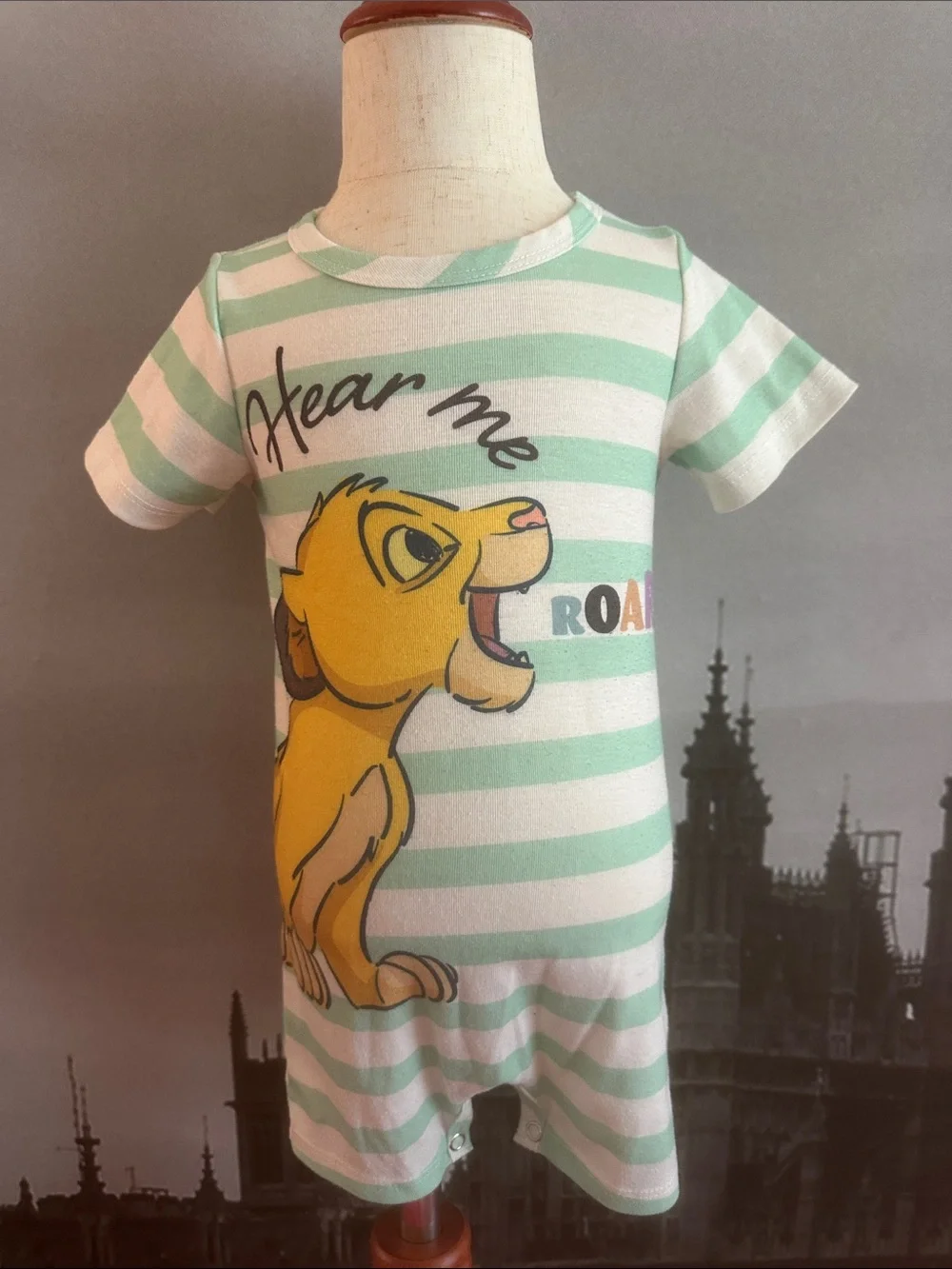 Disney Kids One-Piece Romper Mint Green & White Stripes with Simba Graphic